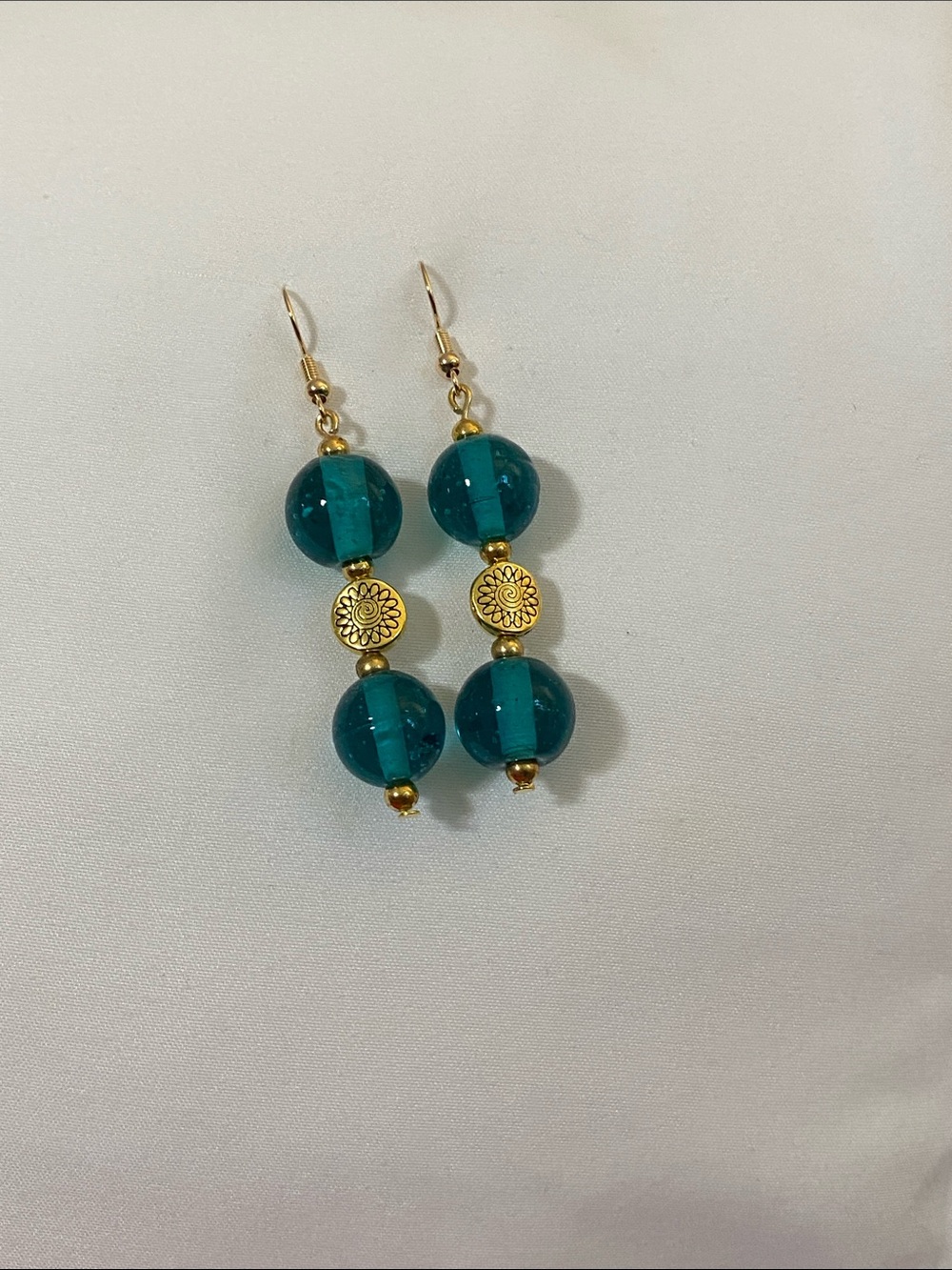 Gold & Teal Glass Bead Drop Earrings with Floral Discs